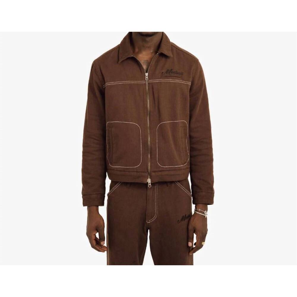 NEW MECHALI contrast stitch worker jacket in coffee brown
